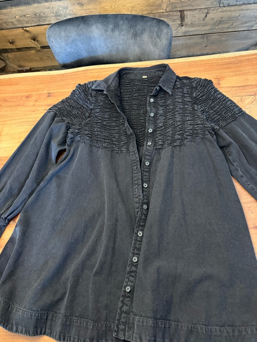 FREE PEOPLE Black Button-Front Longline Jacket with Shirred Yoke and pockets
